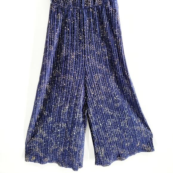 BCBGeneration Culotte Navy Blue & Gold Flake Sleeveless Pleated Knit Jumpsuit SM - Picture 5 of 11